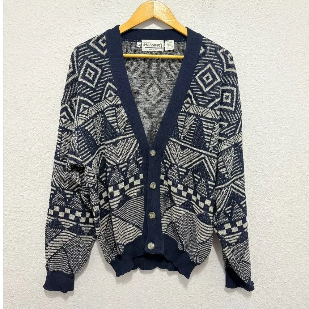 Vintage Grandpa Cardigan Sweater Pattern 90s Geometric Cotton Skater Italy